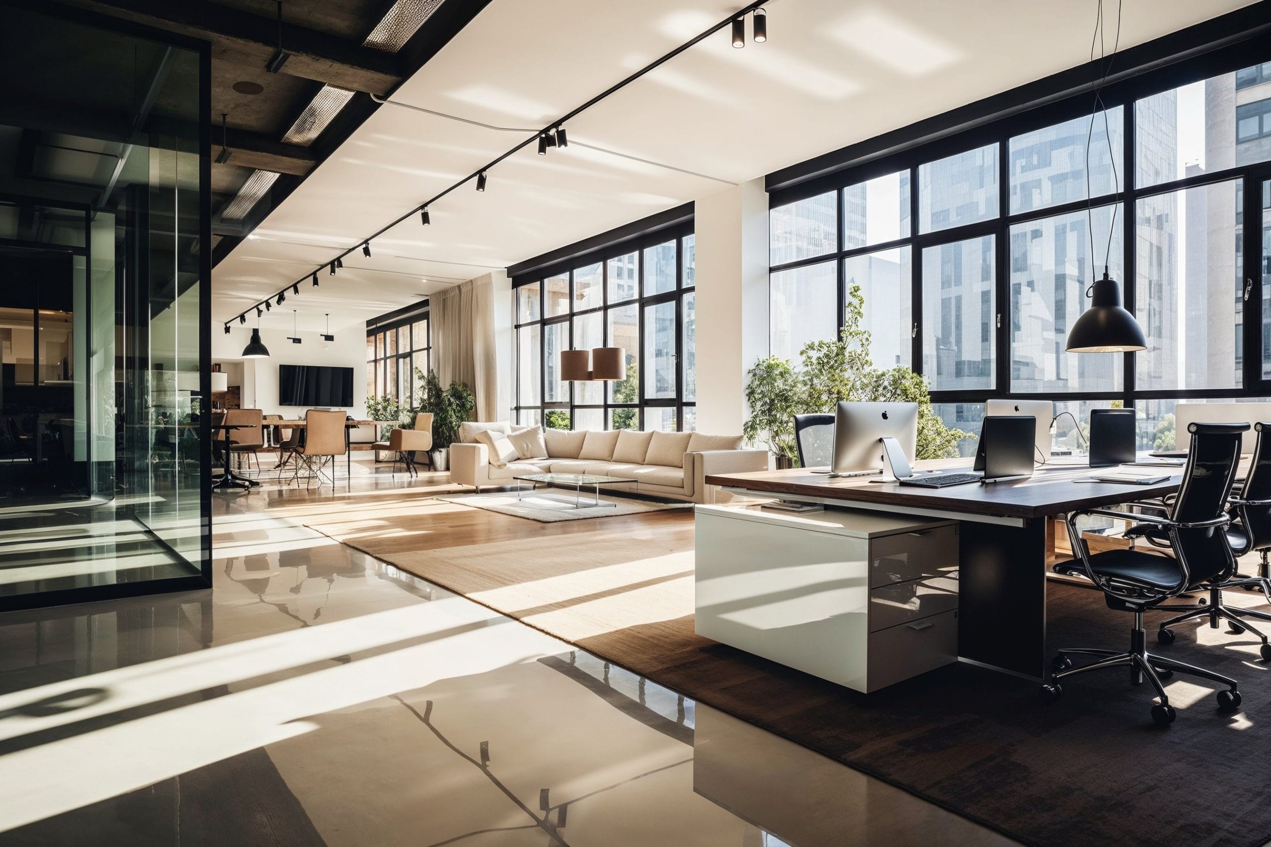 Bright, modern office interior with collaborative workspace and natural daylight